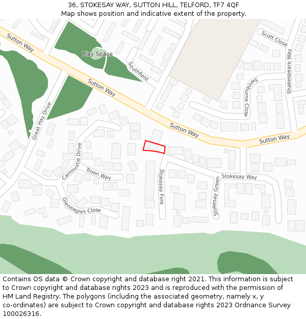 36, STOKESAY WAY, SUTTON HILL, TELFORD, TF7 4QF: Location map and indicative extent of plot