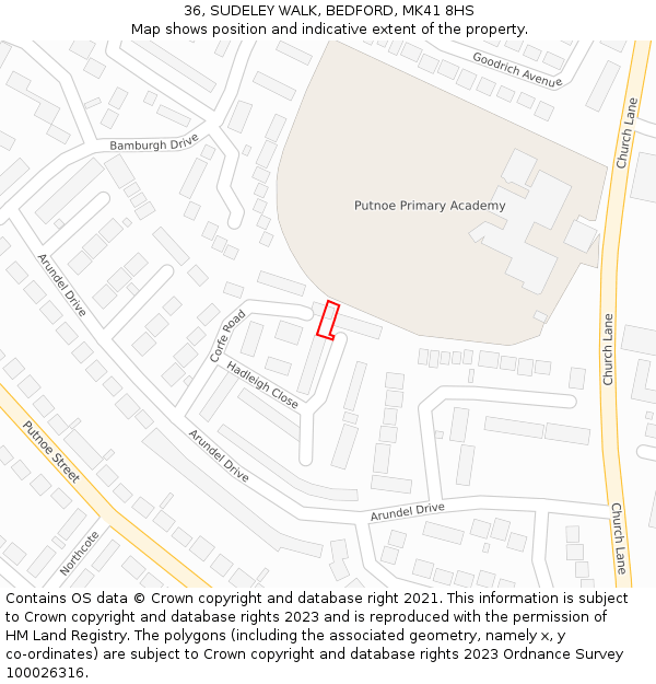 36, SUDELEY WALK, BEDFORD, MK41 8HS: Location map and indicative extent of plot