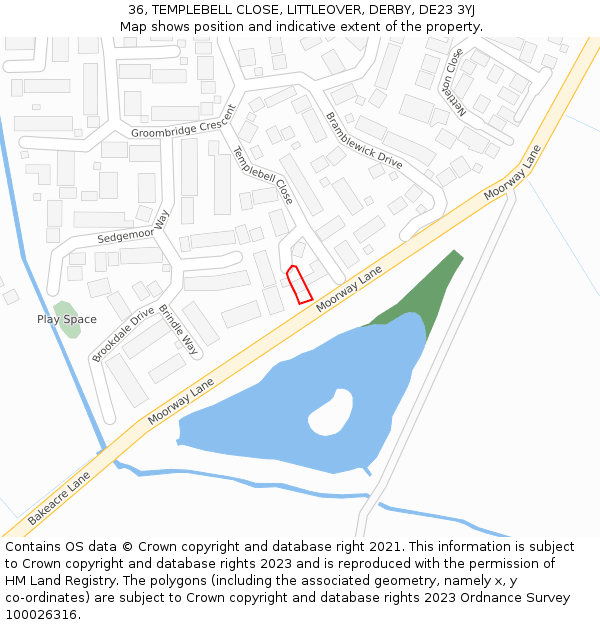 36, TEMPLEBELL CLOSE, LITTLEOVER, DERBY, DE23 3YJ: Location map and indicative extent of plot