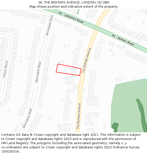 36, THE BISHOPS AVENUE, LONDON, N2 0BA: Location map and indicative extent of plot