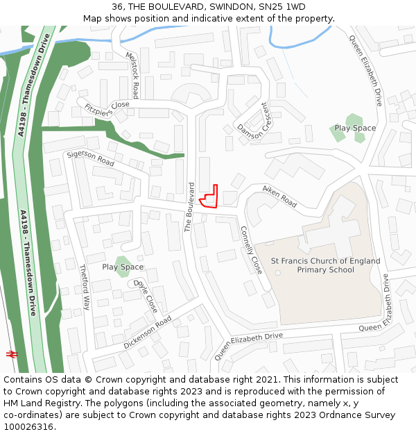 36, THE BOULEVARD, SWINDON, SN25 1WD: Location map and indicative extent of plot