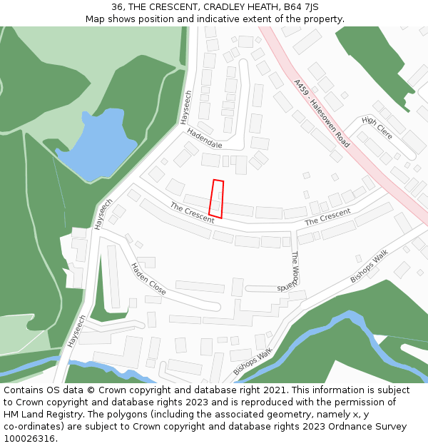 36, THE CRESCENT, CRADLEY HEATH, B64 7JS: Location map and indicative extent of plot