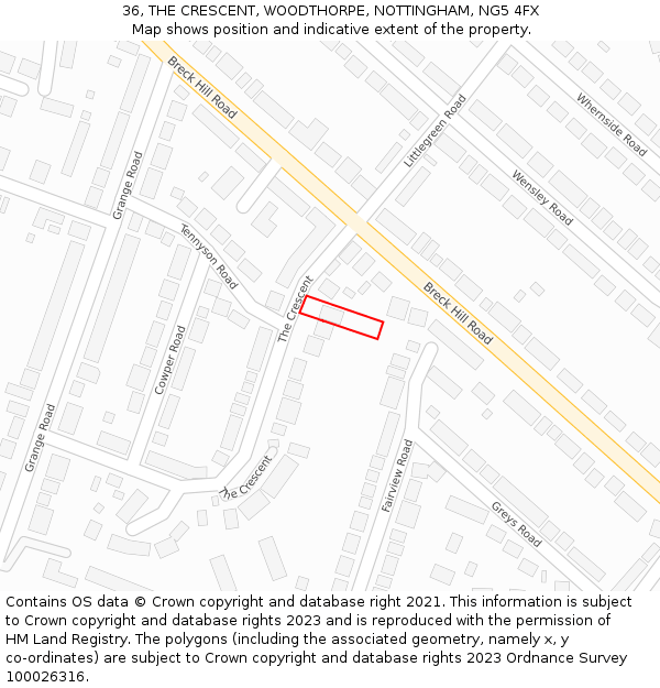 36, THE CRESCENT, WOODTHORPE, NOTTINGHAM, NG5 4FX: Location map and indicative extent of plot