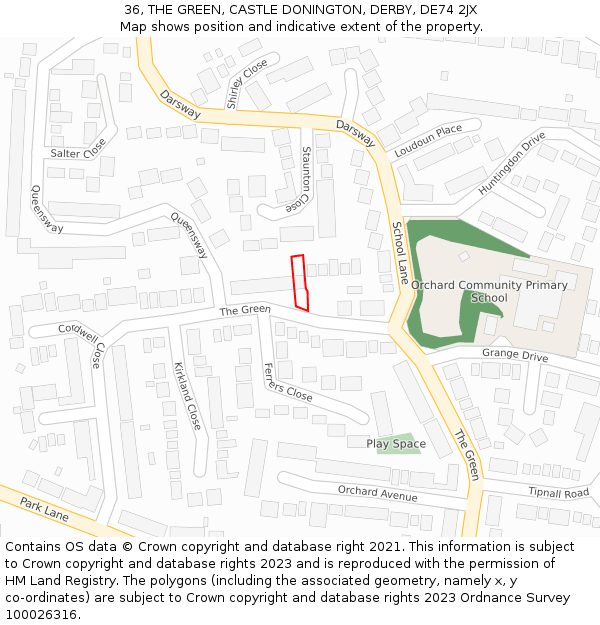 36, THE GREEN, CASTLE DONINGTON, DERBY, DE74 2JX: Location map and indicative extent of plot