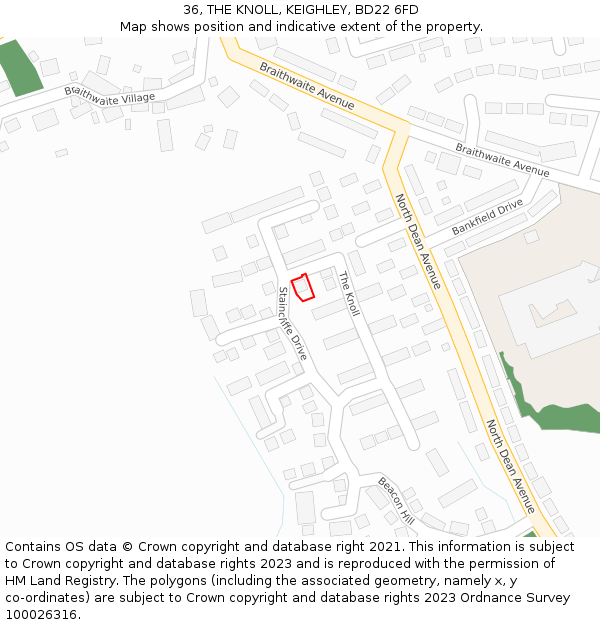 36, THE KNOLL, KEIGHLEY, BD22 6FD: Location map and indicative extent of plot