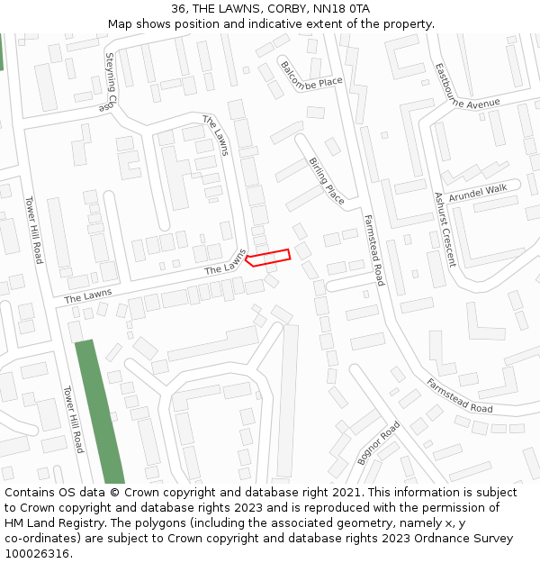 36, THE LAWNS, CORBY, NN18 0TA: Location map and indicative extent of plot
