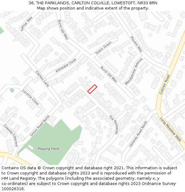 36, THE PARKLANDS, CARLTON COLVILLE, LOWESTOFT, NR33 8RN: Location map and indicative extent of plot