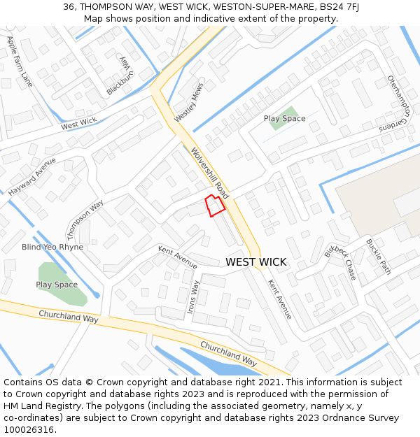 36, THOMPSON WAY, WEST WICK, WESTON-SUPER-MARE, BS24 7FJ: Location map and indicative extent of plot