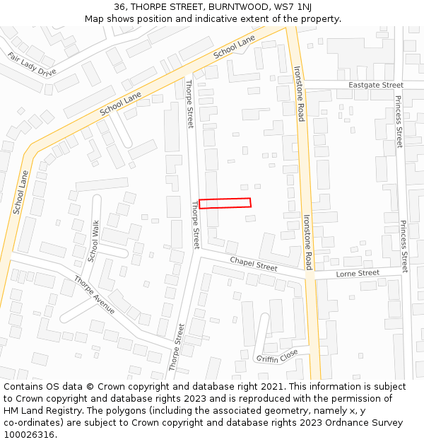 36, THORPE STREET, BURNTWOOD, WS7 1NJ: Location map and indicative extent of plot