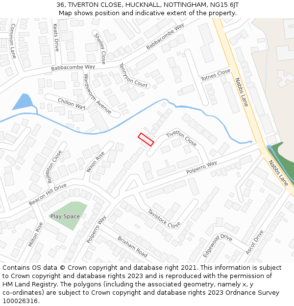 36, TIVERTON CLOSE, HUCKNALL, NOTTINGHAM, NG15 6JT: Location map and indicative extent of plot