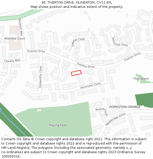 36, TIVERTON DRIVE, NUNEATON, CV11 6YL: Location map and indicative extent of plot