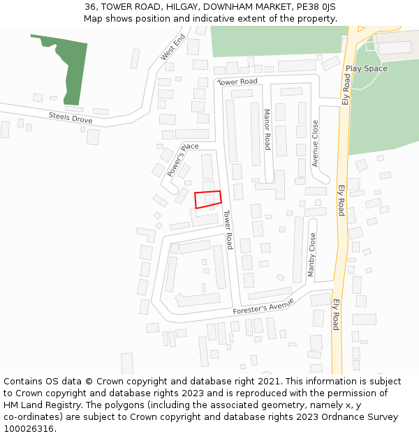 36, TOWER ROAD, HILGAY, DOWNHAM MARKET, PE38 0JS: Location map and indicative extent of plot