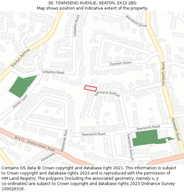 36, TOWNSEND AVENUE, SEATON, EX12 2BG: Location map and indicative extent of plot