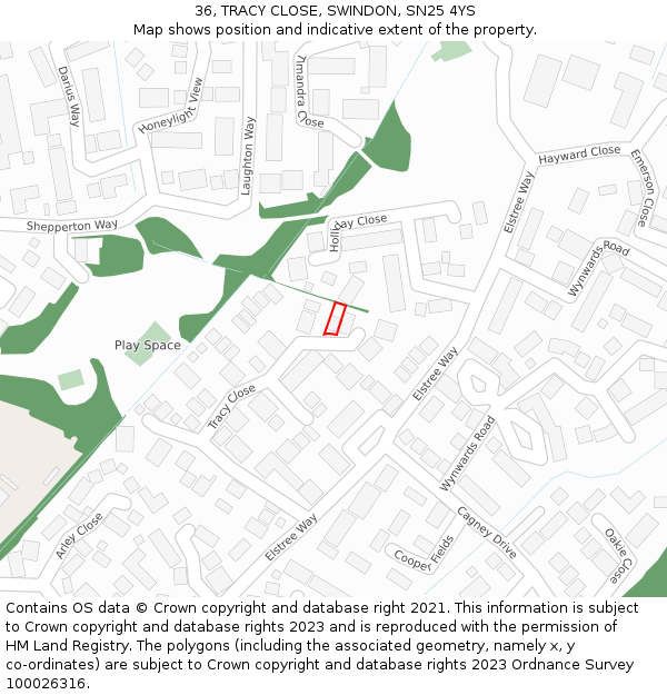 36, TRACY CLOSE, SWINDON, SN25 4YS: Location map and indicative extent of plot
