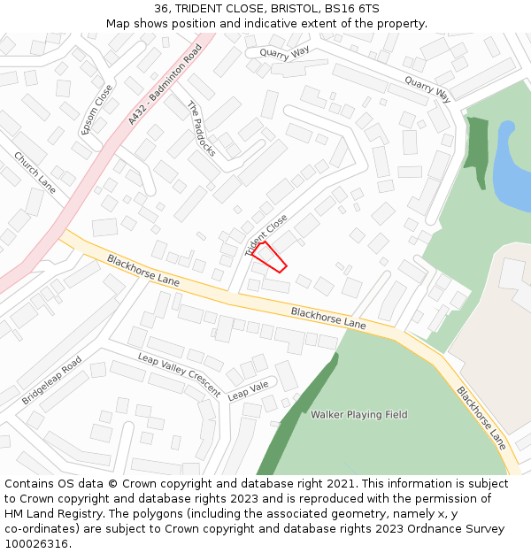 36, TRIDENT CLOSE, BRISTOL, BS16 6TS: Location map and indicative extent of plot