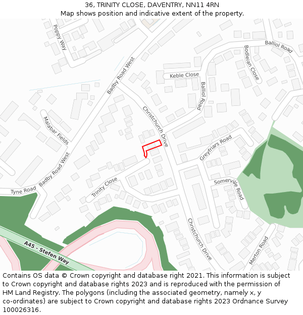 36, TRINITY CLOSE, DAVENTRY, NN11 4RN: Location map and indicative extent of plot