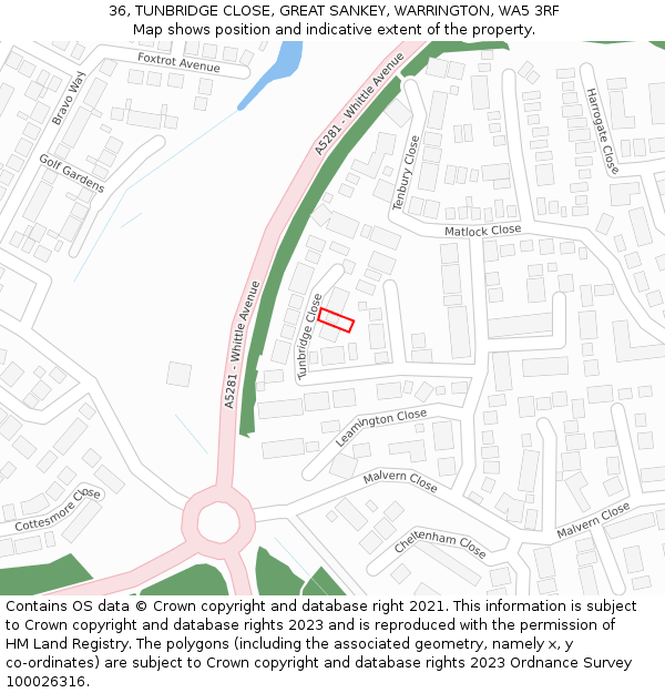 36, TUNBRIDGE CLOSE, GREAT SANKEY, WARRINGTON, WA5 3RF: Location map and indicative extent of plot