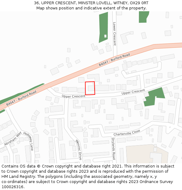 36, UPPER CRESCENT, MINSTER LOVELL, WITNEY, OX29 0RT: Location map and indicative extent of plot