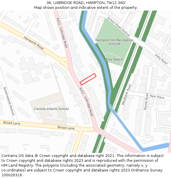 36, UXBRIDGE ROAD, HAMPTON, TW12 3AD: Location map and indicative extent of plot