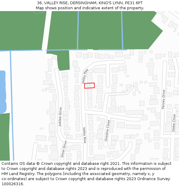 36, VALLEY RISE, DERSINGHAM, KING'S LYNN, PE31 6PT: Location map and indicative extent of plot