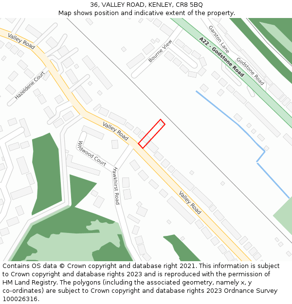 36, VALLEY ROAD, KENLEY, CR8 5BQ: Location map and indicative extent of plot