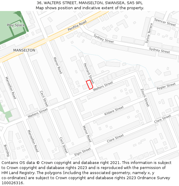 36, WALTERS STREET, MANSELTON, SWANSEA, SA5 9PL: Location map and indicative extent of plot