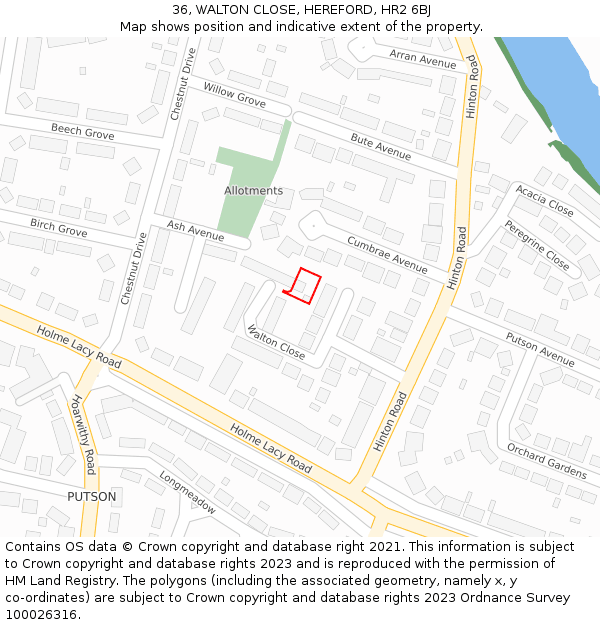 36, WALTON CLOSE, HEREFORD, HR2 6BJ: Location map and indicative extent of plot
