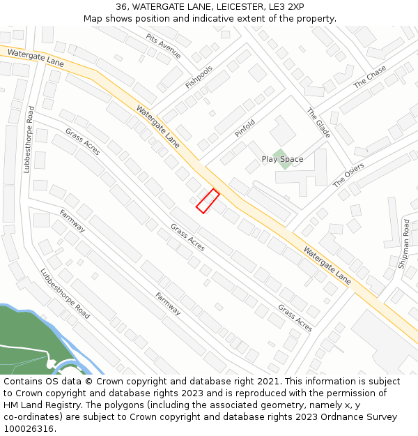 36, WATERGATE LANE, LEICESTER, LE3 2XP: Location map and indicative extent of plot