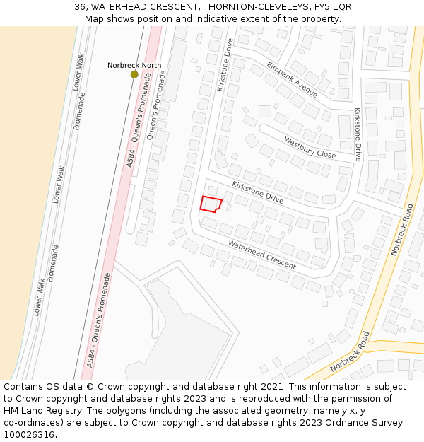 36, WATERHEAD CRESCENT, THORNTON-CLEVELEYS, FY5 1QR: Location map and indicative extent of plot