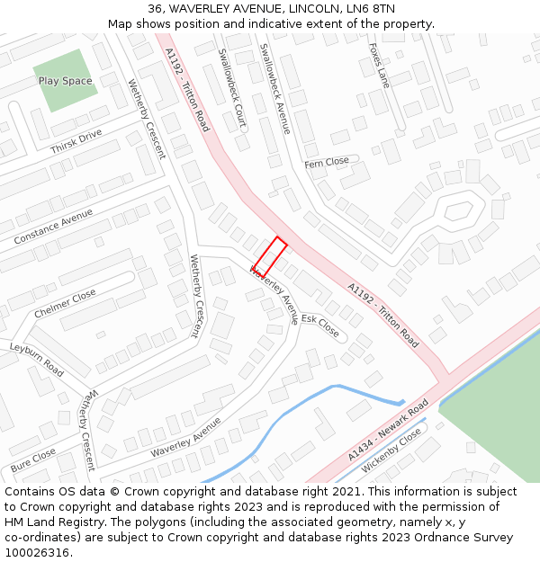 36, WAVERLEY AVENUE, LINCOLN, LN6 8TN: Location map and indicative extent of plot