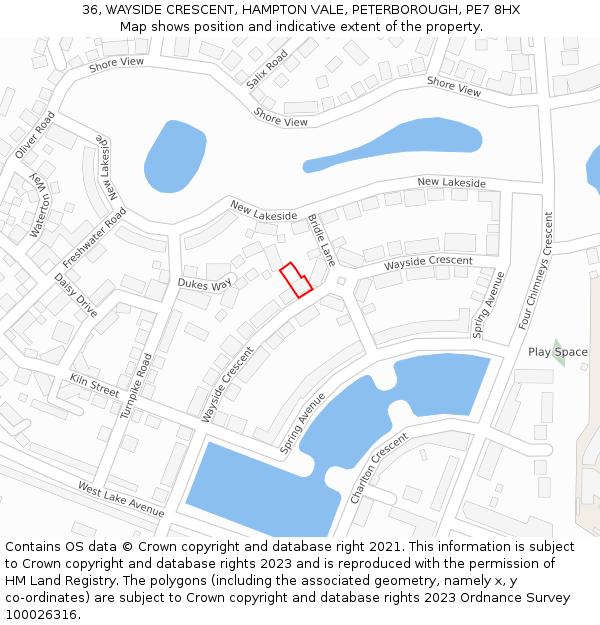 36, WAYSIDE CRESCENT, HAMPTON VALE, PETERBOROUGH, PE7 8HX: Location map and indicative extent of plot
