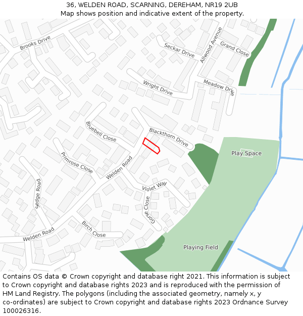 36, WELDEN ROAD, SCARNING, DEREHAM, NR19 2UB: Location map and indicative extent of plot