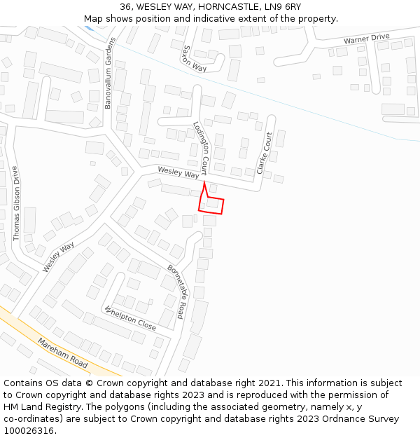 36, WESLEY WAY, HORNCASTLE, LN9 6RY: Location map and indicative extent of plot