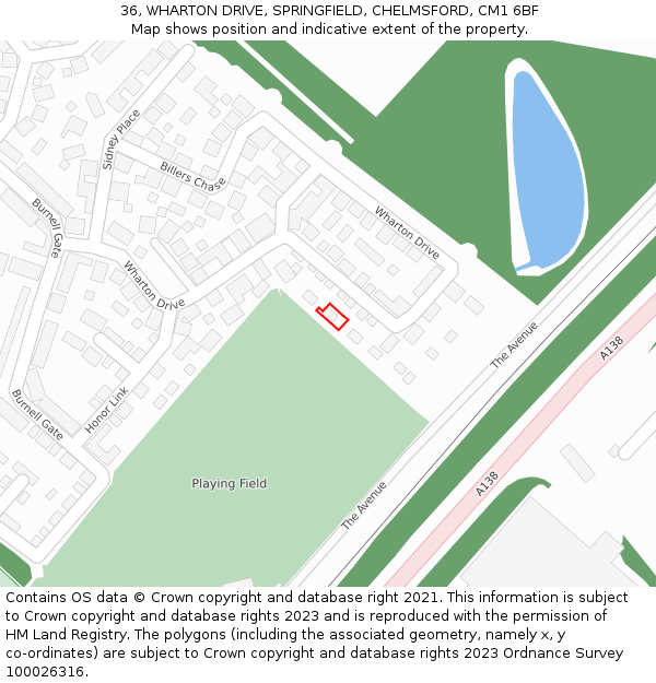 36, WHARTON DRIVE, SPRINGFIELD, CHELMSFORD, CM1 6BF: Location map and indicative extent of plot