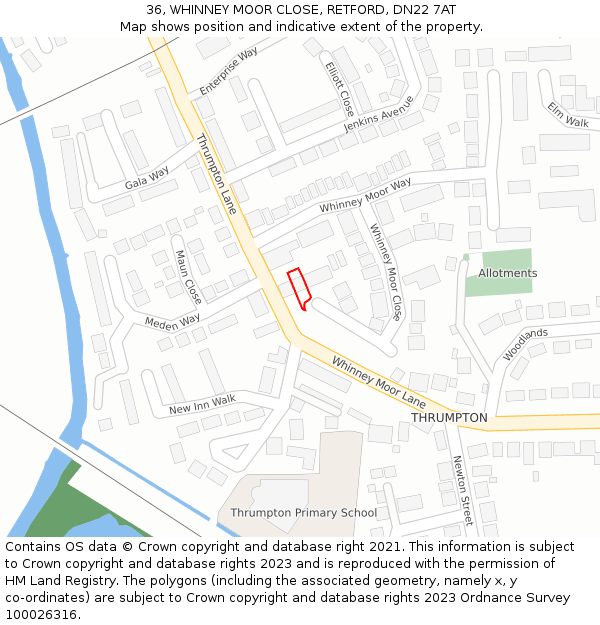 36, WHINNEY MOOR CLOSE, RETFORD, DN22 7AT: Location map and indicative extent of plot