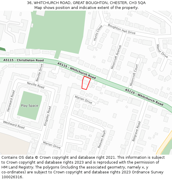 36, WHITCHURCH ROAD, GREAT BOUGHTON, CHESTER, CH3 5QA: Location map and indicative extent of plot