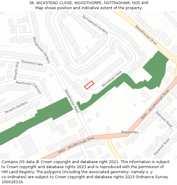 36, WICKSTEAD CLOSE, WOODTHORPE, NOTTINGHAM, NG5 4HF: Location map and indicative extent of plot