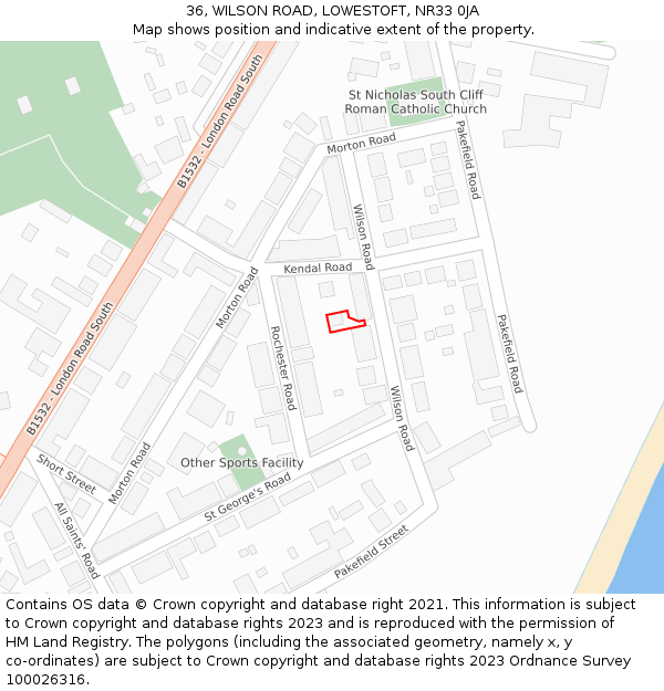 36, WILSON ROAD, LOWESTOFT, NR33 0JA: Location map and indicative extent of plot