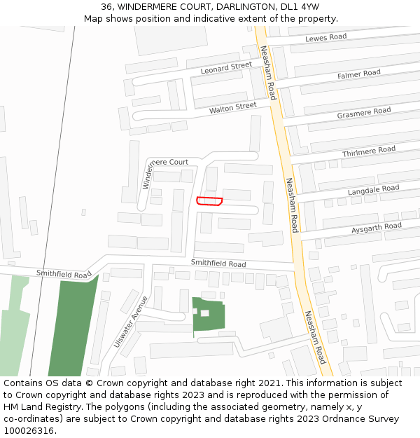 36, WINDERMERE COURT, DARLINGTON, DL1 4YW: Location map and indicative extent of plot