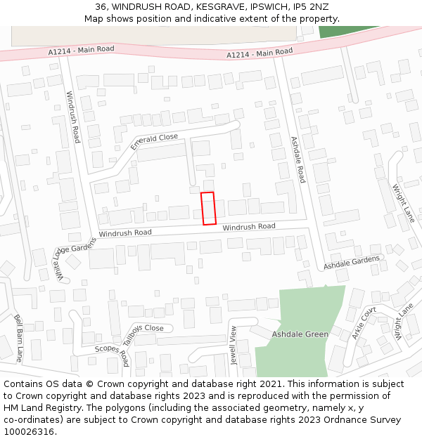 36, WINDRUSH ROAD, KESGRAVE, IPSWICH, IP5 2NZ: Location map and indicative extent of plot