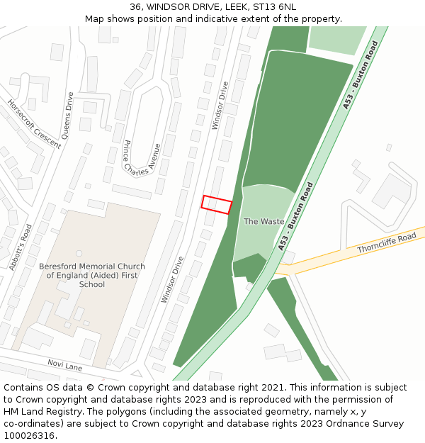 36, WINDSOR DRIVE, LEEK, ST13 6NL: Location map and indicative extent of plot