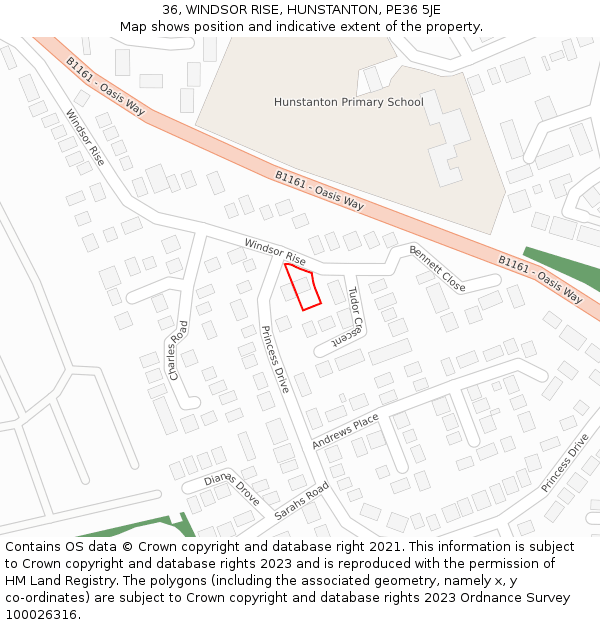 36, WINDSOR RISE, HUNSTANTON, PE36 5JE: Location map and indicative extent of plot