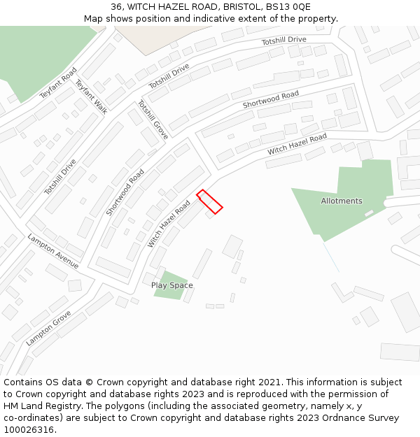 36, WITCH HAZEL ROAD, BRISTOL, BS13 0QE: Location map and indicative extent of plot