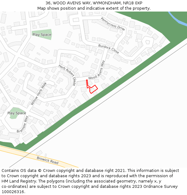 36, WOOD AVENS WAY, WYMONDHAM, NR18 0XP: Location map and indicative extent of plot