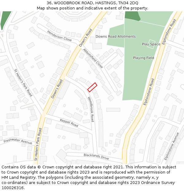 36, WOODBROOK ROAD, HASTINGS, TN34 2DQ: Location map and indicative extent of plot