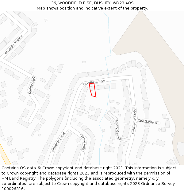 36, WOODFIELD RISE, BUSHEY, WD23 4QS: Location map and indicative extent of plot