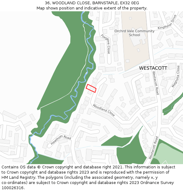 36, WOODLAND CLOSE, BARNSTAPLE, EX32 0EG: Location map and indicative extent of plot