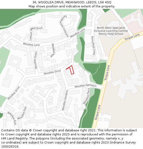 36, WOODLEA DRIVE, MEANWOOD, LEEDS, LS6 4SQ: Location map and indicative extent of plot