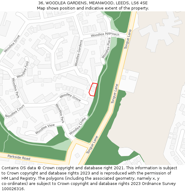 36, WOODLEA GARDENS, MEANWOOD, LEEDS, LS6 4SE: Location map and indicative extent of plot