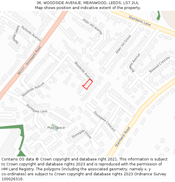 36, WOODSIDE AVENUE, MEANWOOD, LEEDS, LS7 2UL: Location map and indicative extent of plot